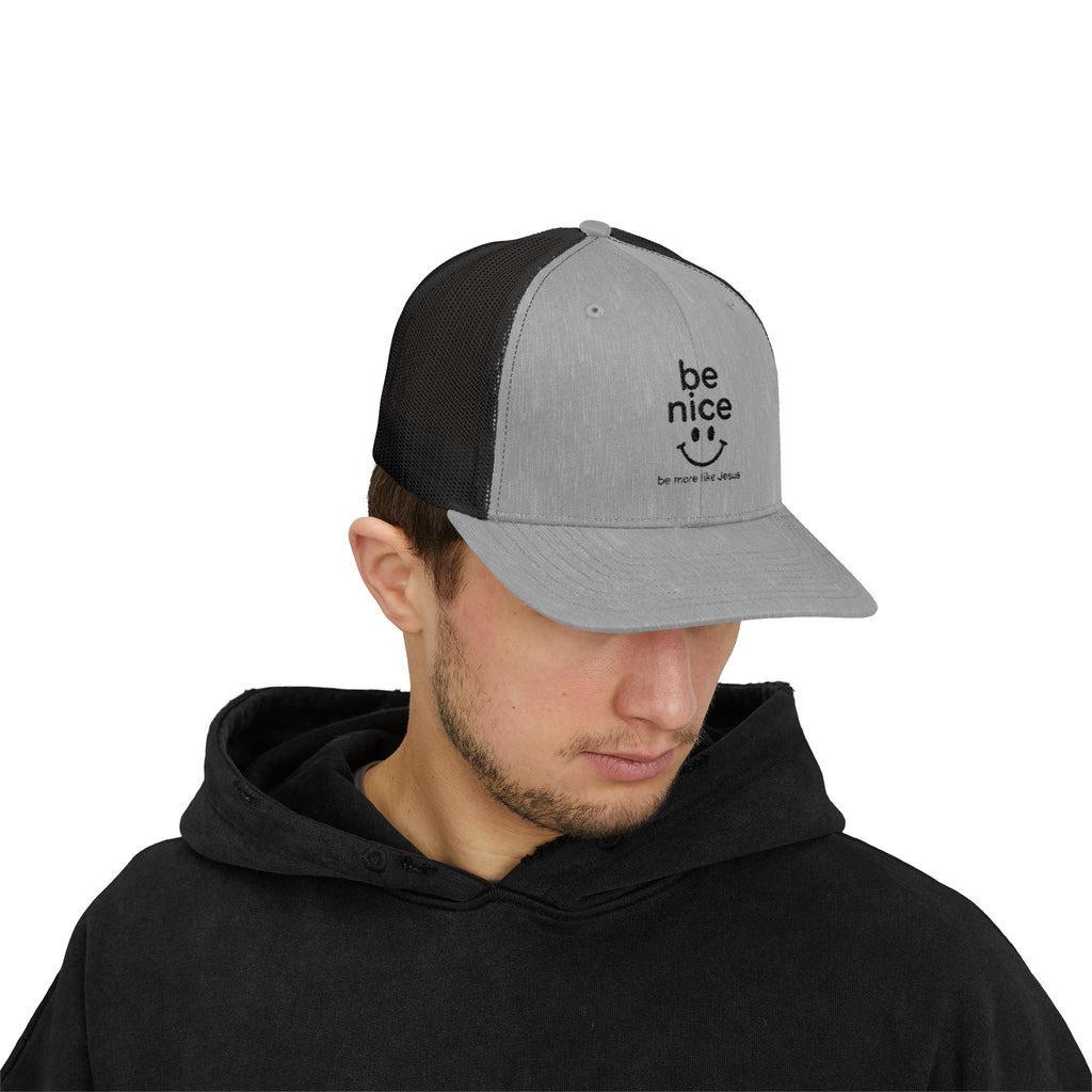 Be Nice Smiley Snapback Trucker Cap — Positive Message Mesh Hat