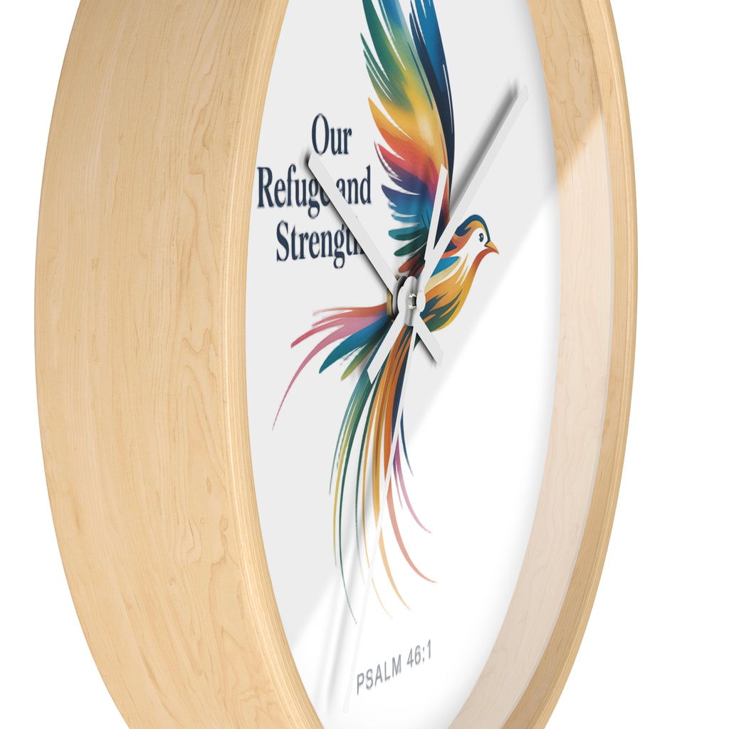 Wall Clock — 'Our Refuge and Strength' Colorful Dove Psalm 46:1 Christian Wall Clock