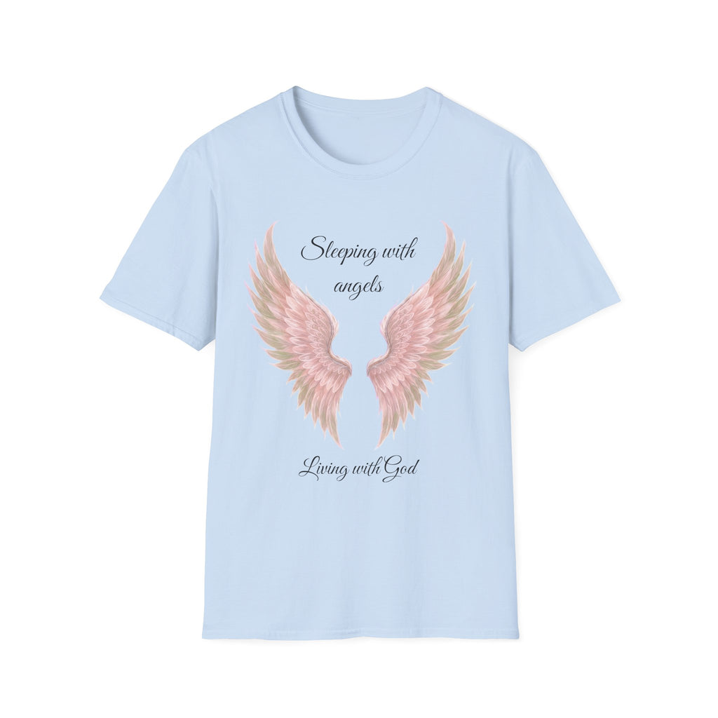 Pink Angel Wings T-Shirt — “Sleeping with angels, living with God.” Christian Faith Tee