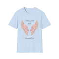 Pink Angel Wings T-Shirt — “Sleeping with angels, living with God.” Christian Faith Tee