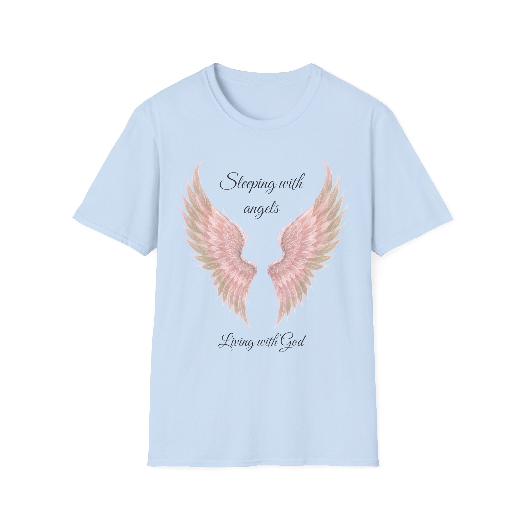 Pink Angel Wings T-Shirt — “Sleeping with angels, living with God.” Christian Faith Tee