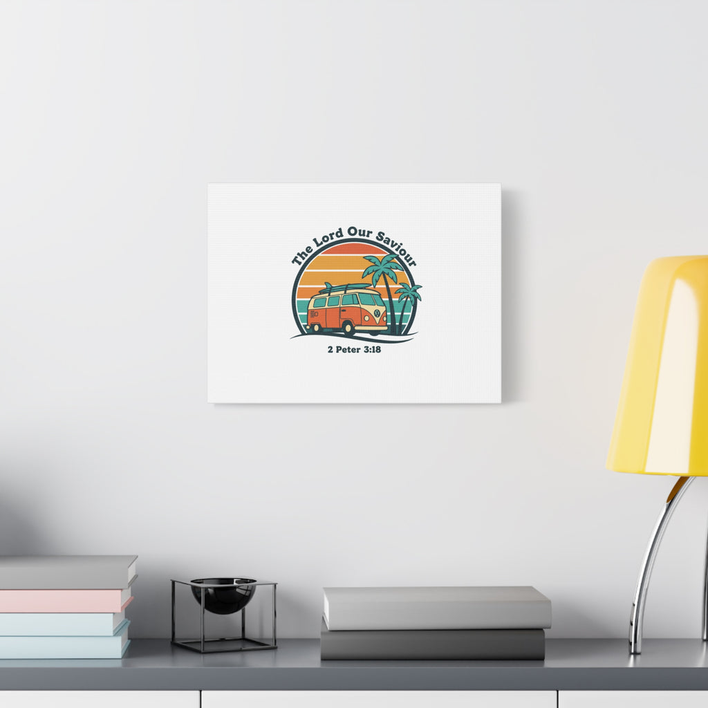 The Lord our Saviour, Retro Surf Sunset Canvas | 70s Van Palm Postcard, Analog Sunshine Aesthetic