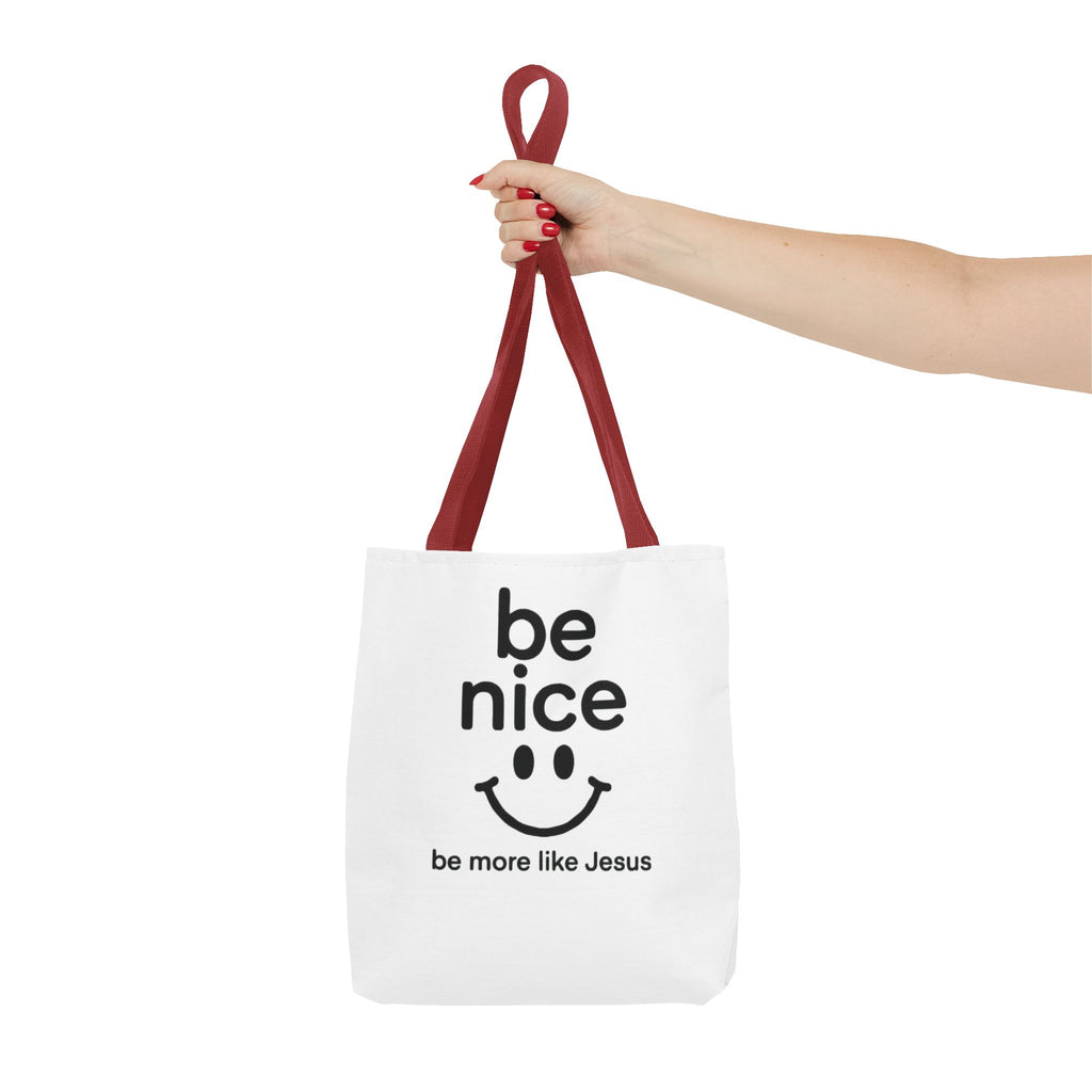 Be Nice Smiley Tote Bag — "be more like Jesus" Inspirational Canvas Tote