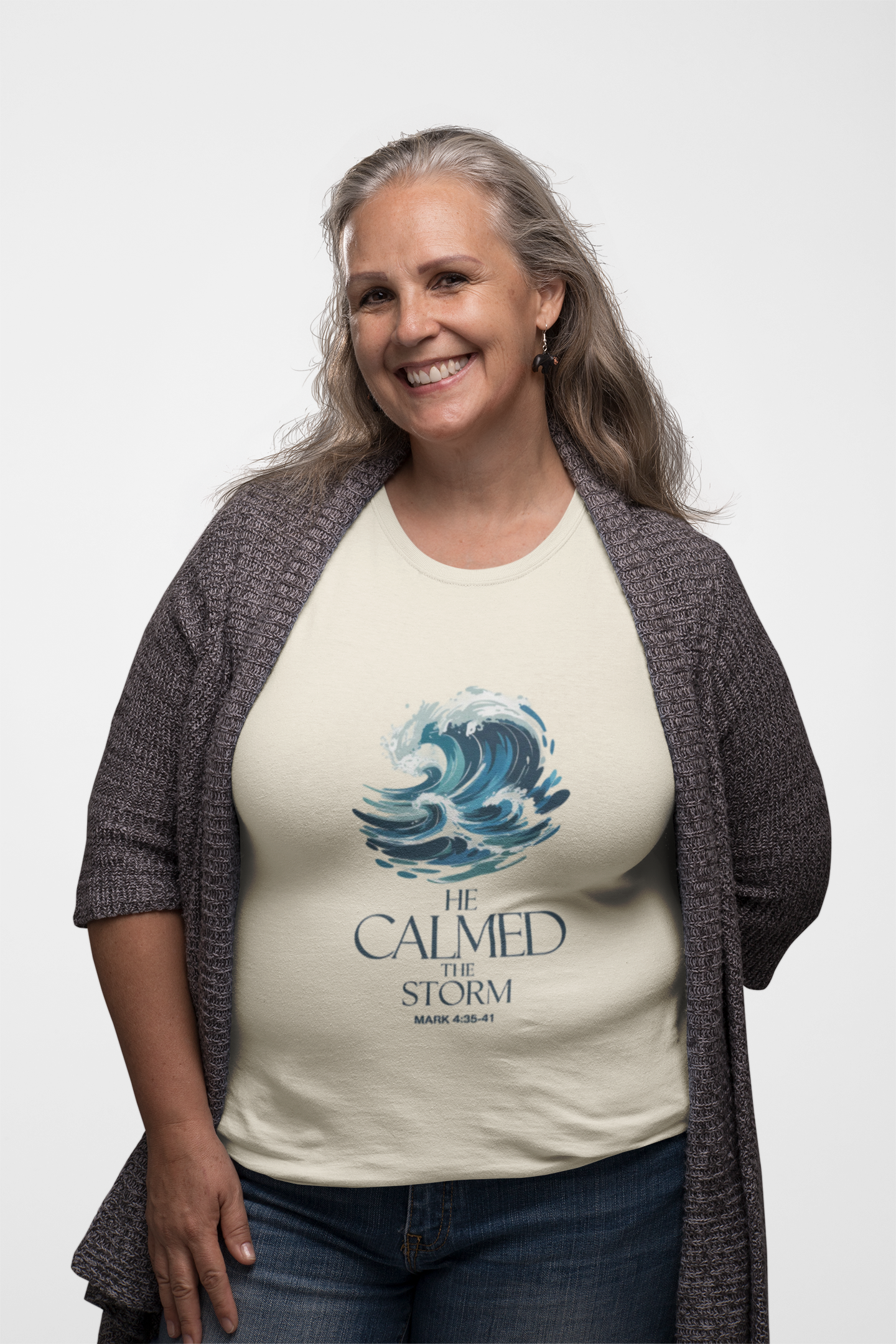 He Calmed the Storm Christian T-Shirt — Dramatic Waves Faith Tee