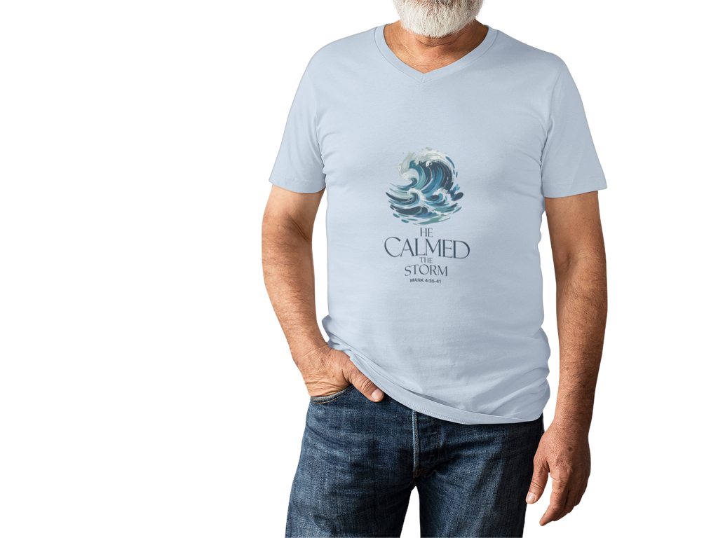 He Calmed the Storm Christian T-Shirt — Dramatic Waves Faith Tee