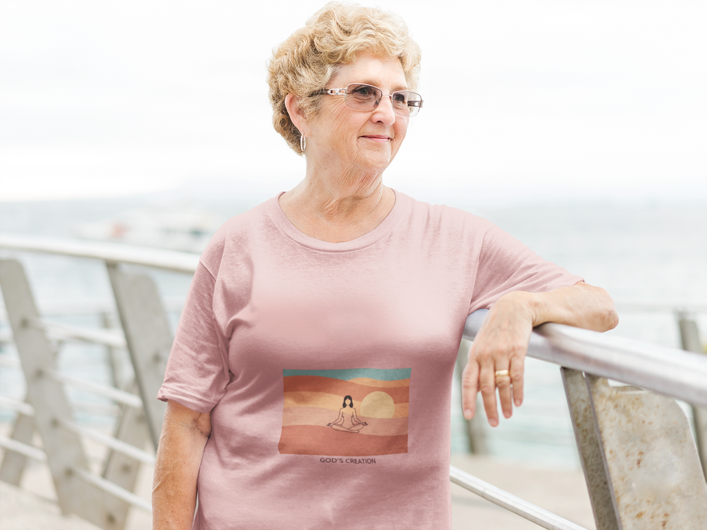 God's Creation Sunset Yoga T-Shirt — Retro Minimalist Spiritual Tee