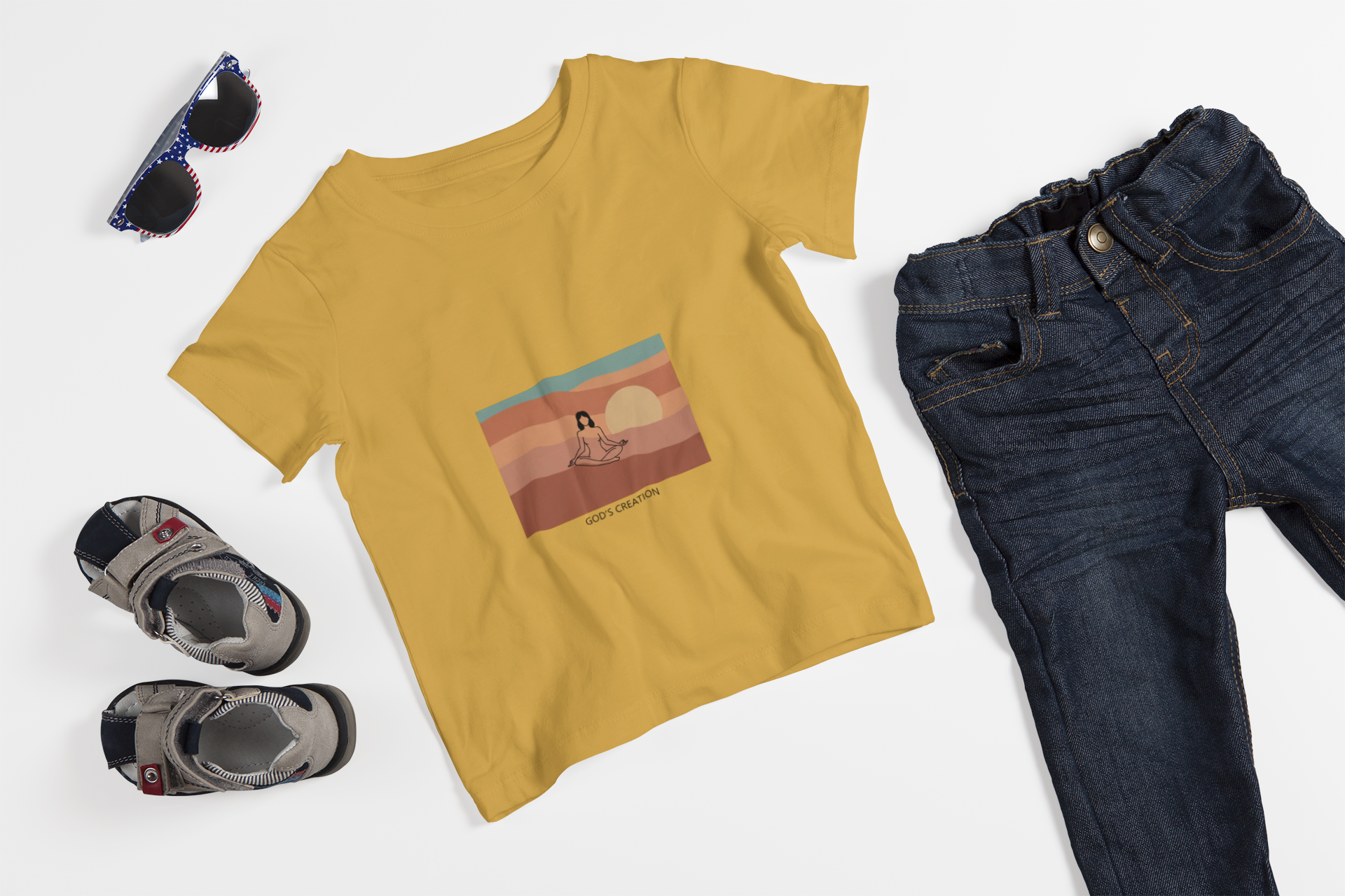 God's Creation Sunset Yoga T-Shirt — Retro Minimalist Spiritual Tee