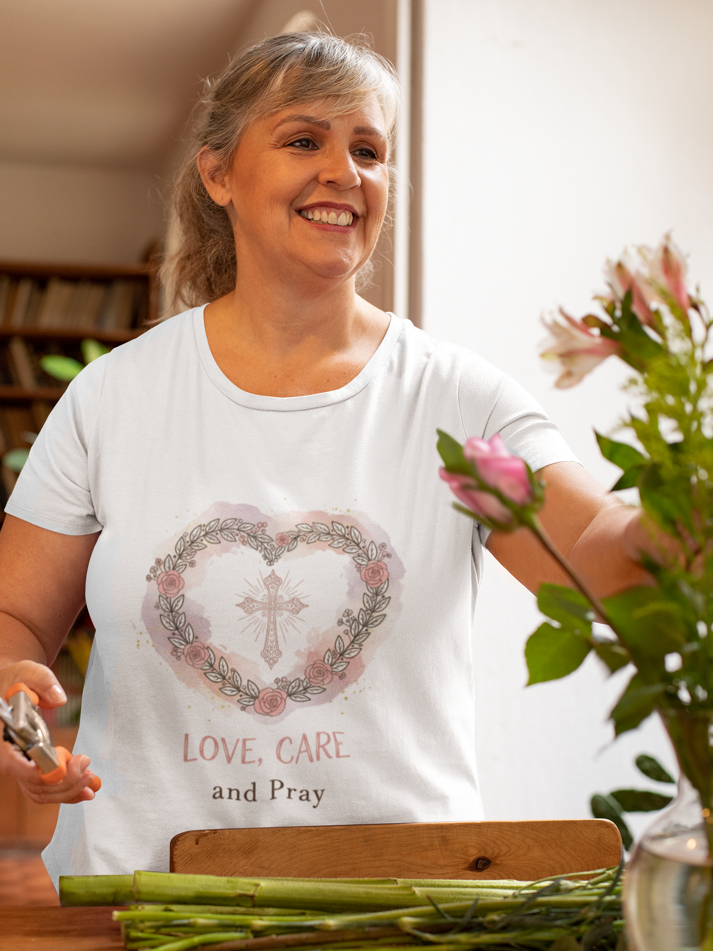 Love, Care and Pray - Christian Cross Heart T-Shirt