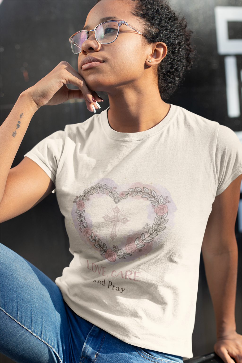 Love, Care and Pray - Christian Cross Heart T-Shirt