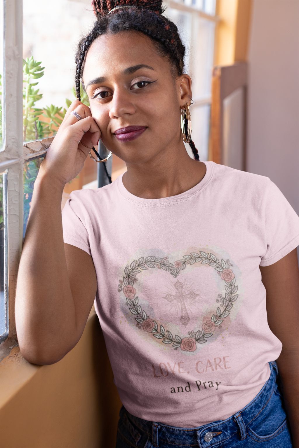 Love, Care and Pray - Christian Cross Heart T-Shirt