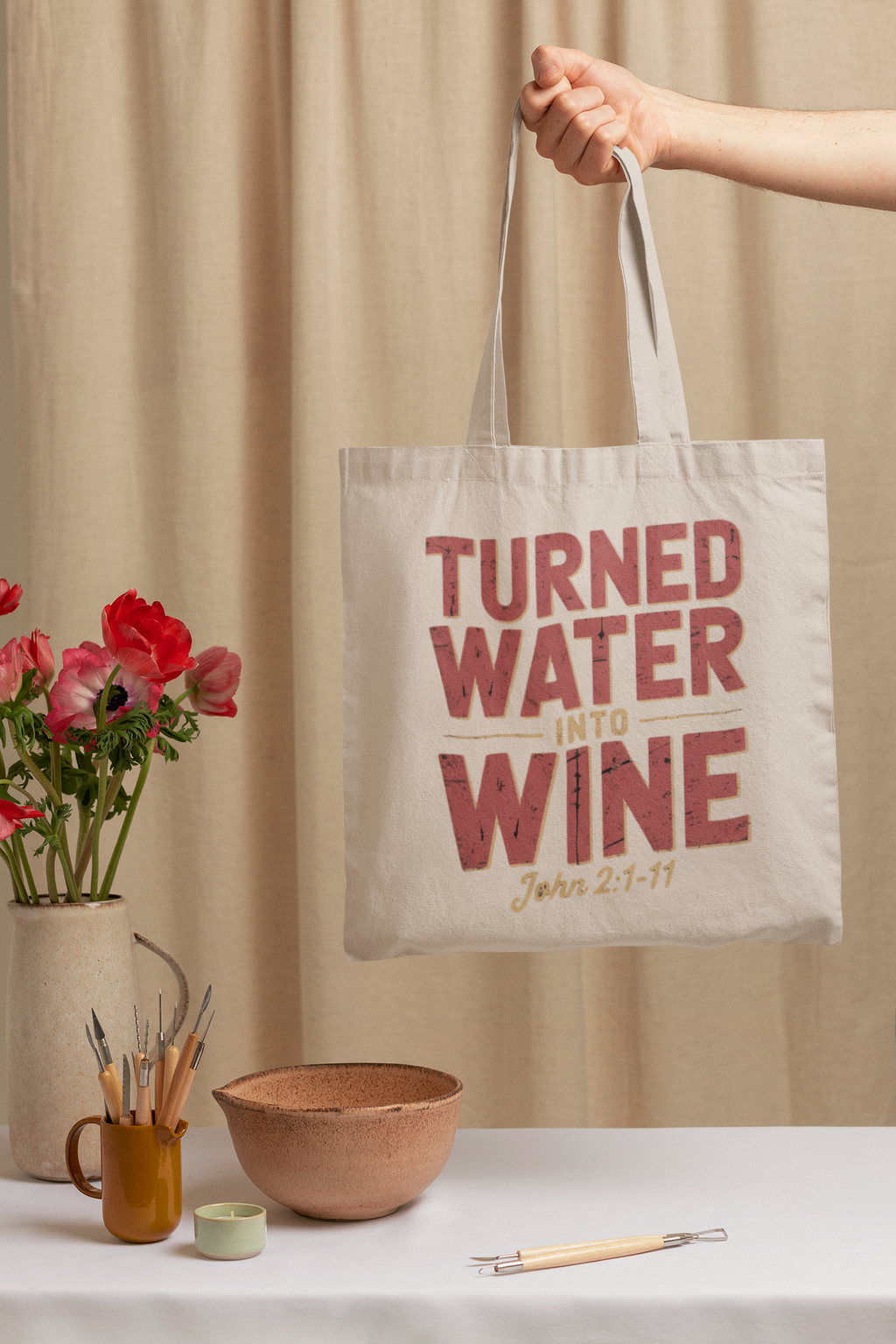 He Turned Water Into Wine Cotton Canvas Tote Bag — Scripture Quote Tote