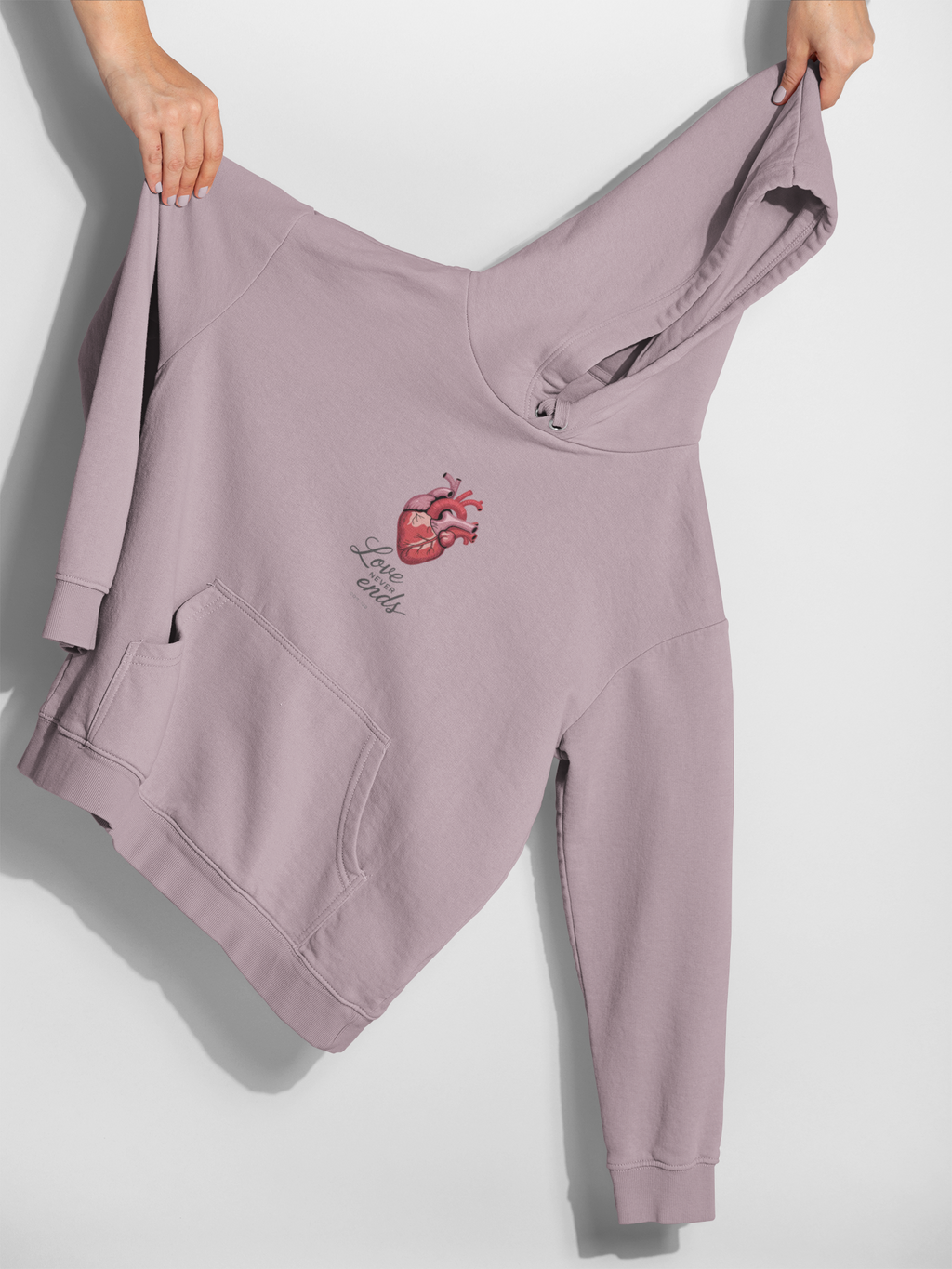 Love Never Ends Hoodie — Realistic Heart Christian Sweatshirt