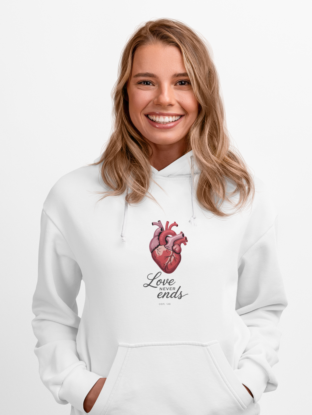 Love Never Ends Hoodie — Realistic Heart Christian Sweatshirt