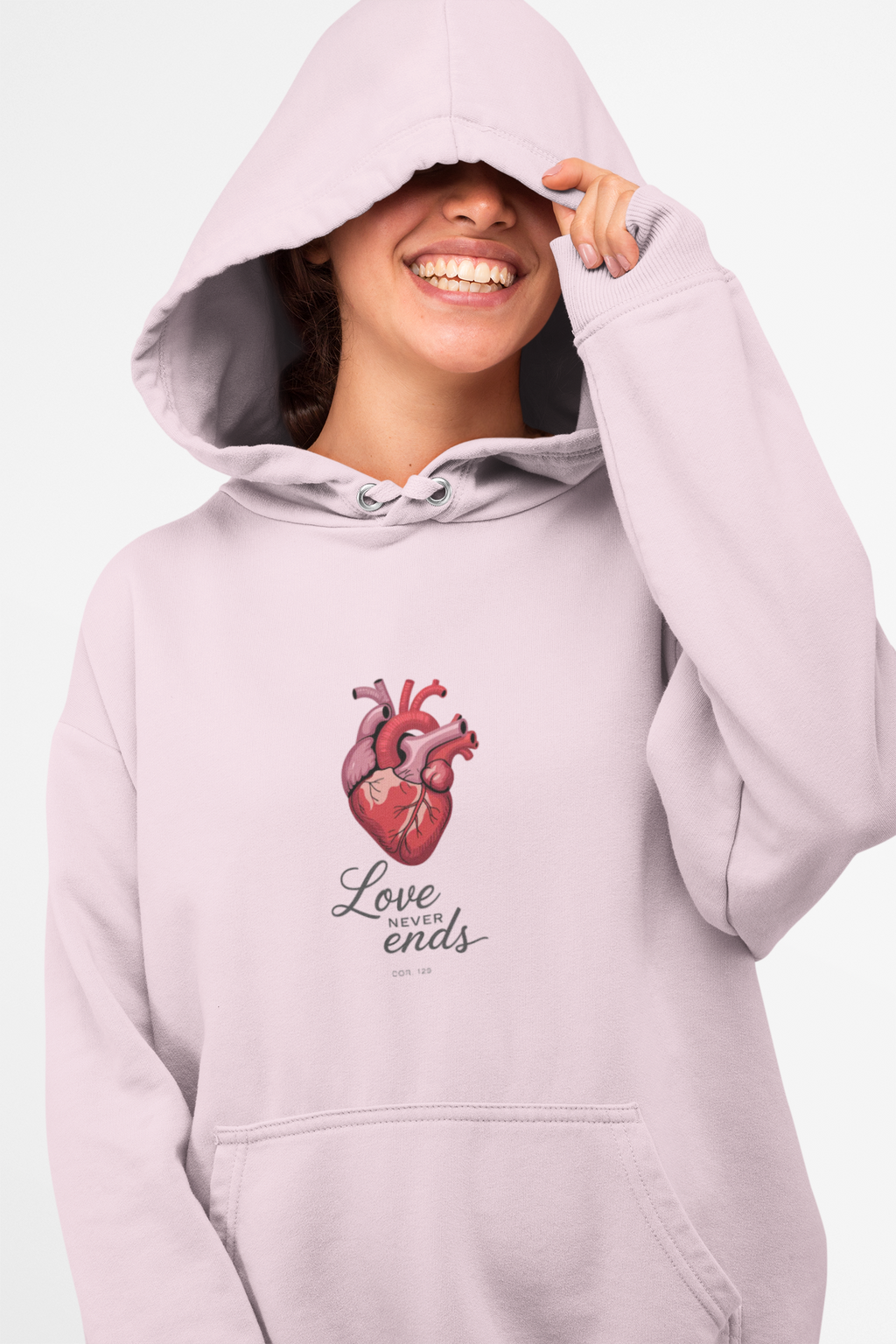 Love Never Ends Hoodie — Realistic Heart Christian Sweatshirt