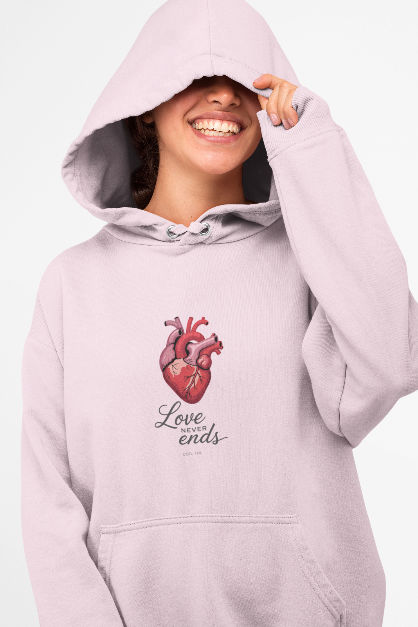Love Never Ends Hoodie — Realistic Heart Christian Sweatshirt