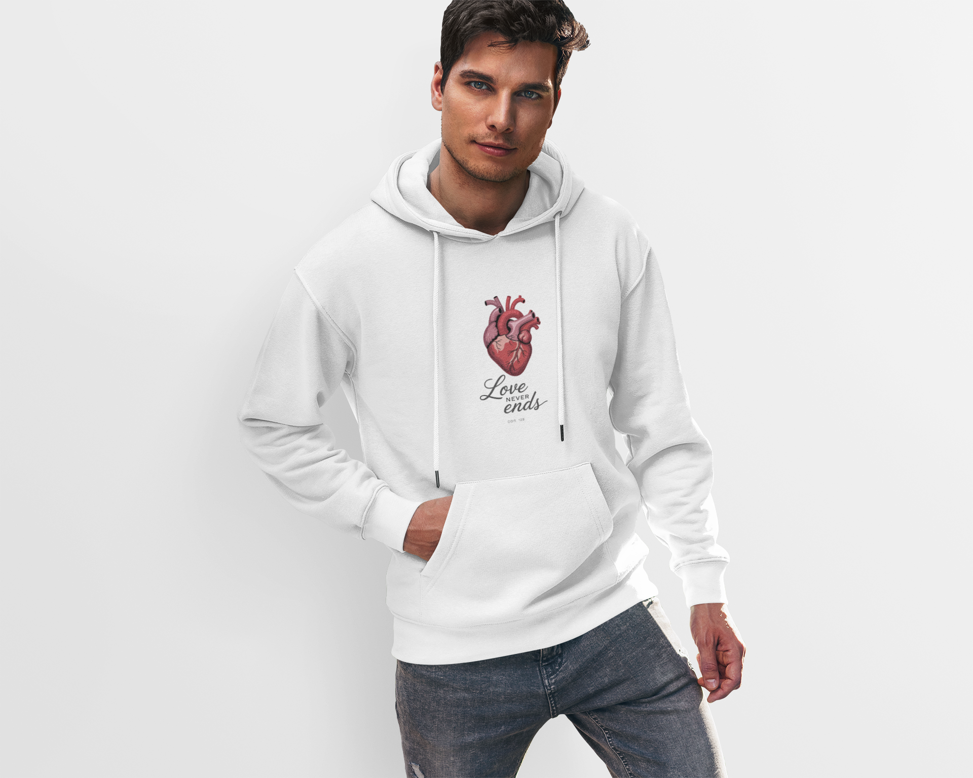 Love Never Ends Hoodie — Realistic Heart Christian Sweatshirt