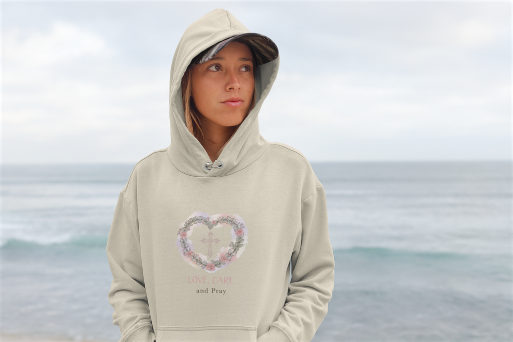 Floral Heart 'Love, Care, Pray Hoodie — Soft Christian/Valentine's Sweatshirt