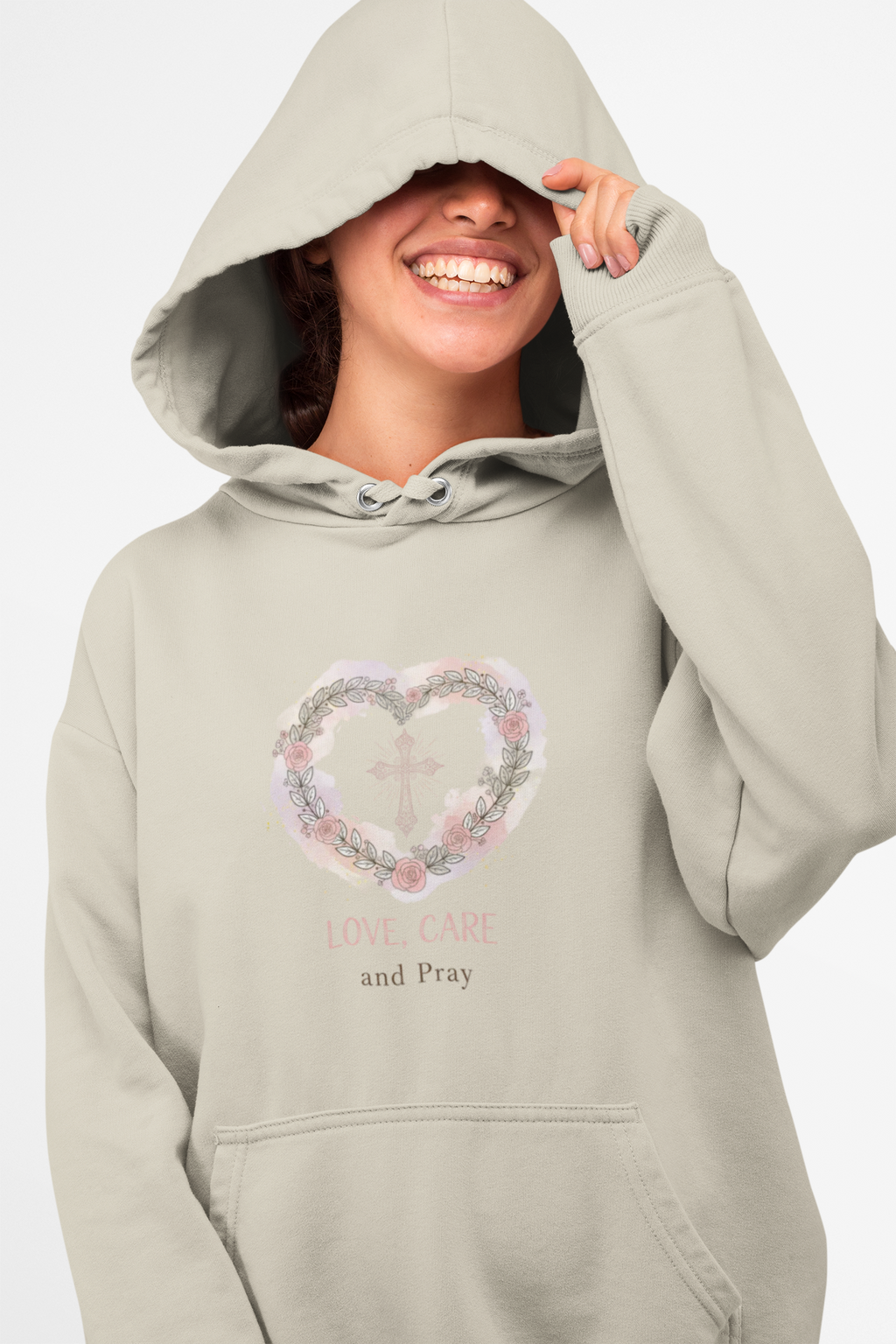Floral Heart 'Love, Care, Pray Hoodie — Soft Christian/Valentine's Sweatshirt