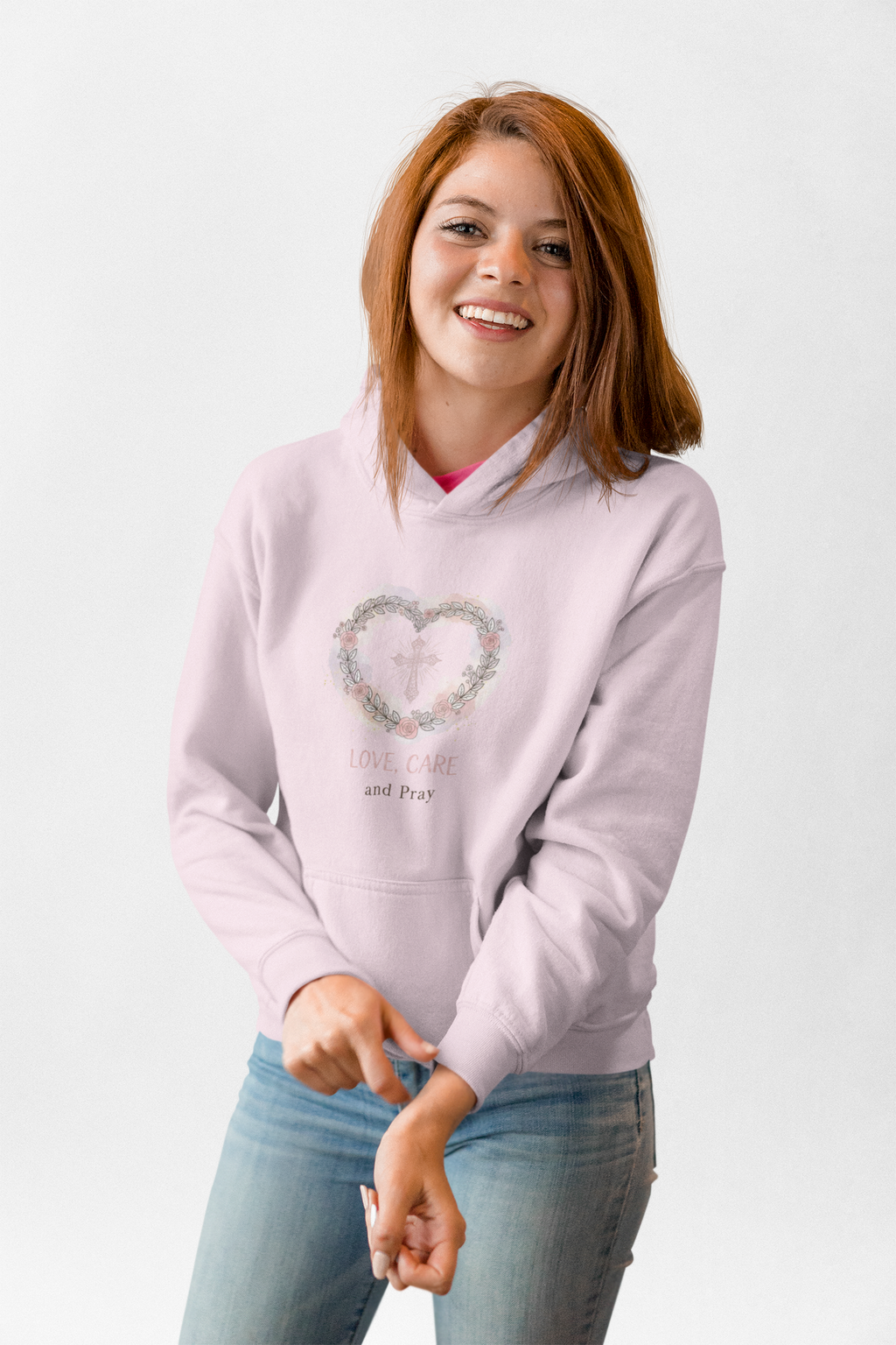 Floral Heart 'Love, Care, Pray Hoodie — Soft Christian/Valentine's Sweatshirt