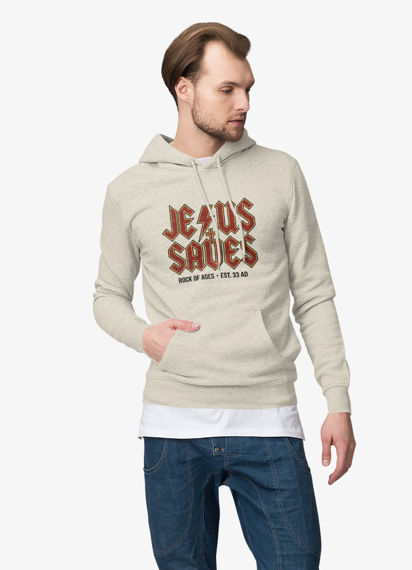 Jesus Saves Hoodie — Rock of Ages Vintage Christian Sweatshirt