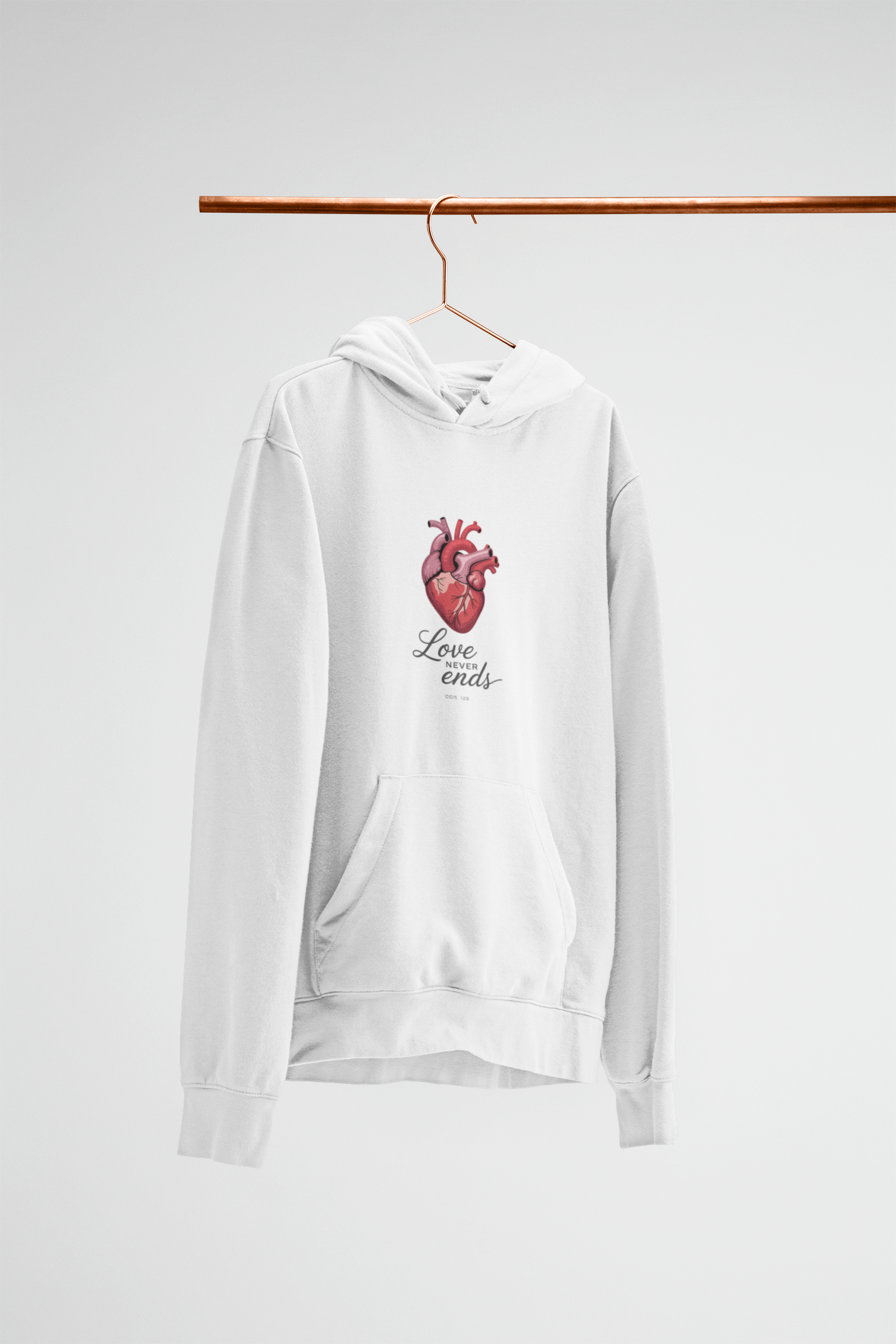 Love Never Ends Hoodie — Realistic Heart Christian Sweatshirt