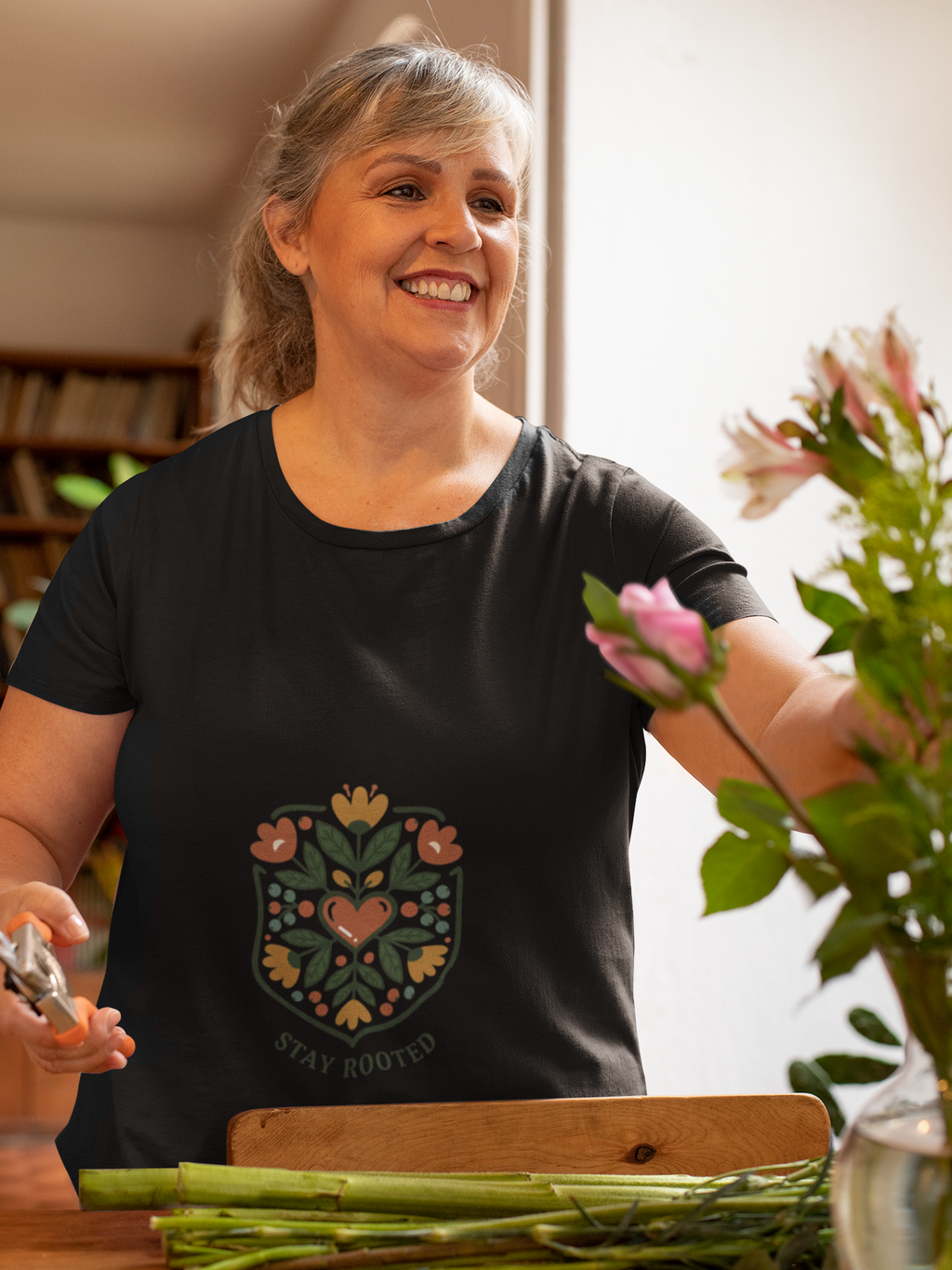 Stay Rooted in Faith Folklore T-Shirt | folk botanical, embroidery-style design