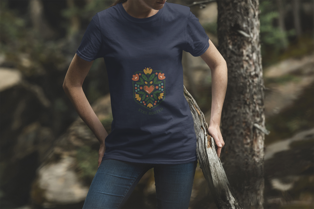 Stay Rooted in Faith Folklore T-Shirt | folk botanical, embroidery-style design