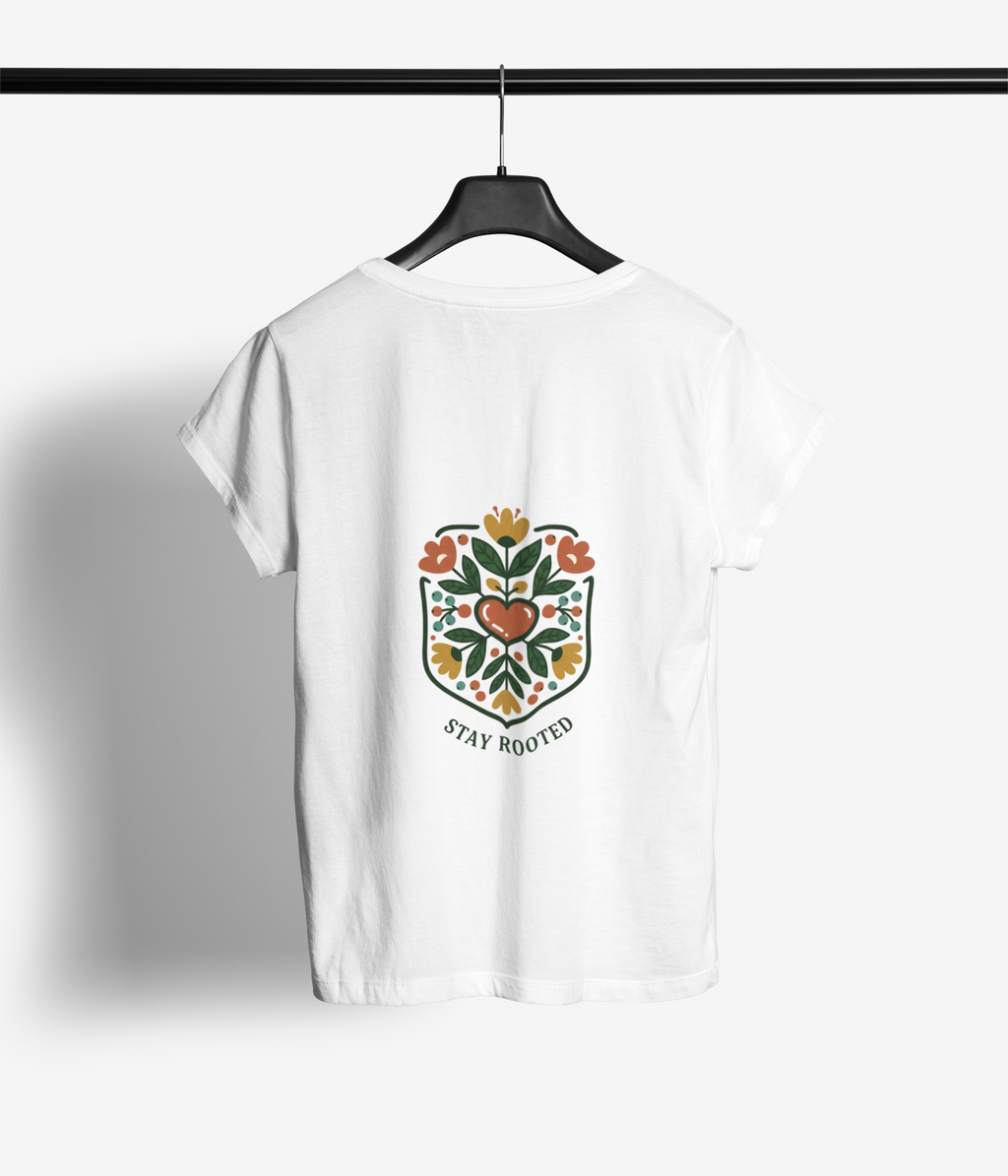 Stay Rooted in Faith Folklore T-Shirt | folk botanical, embroidery-style design