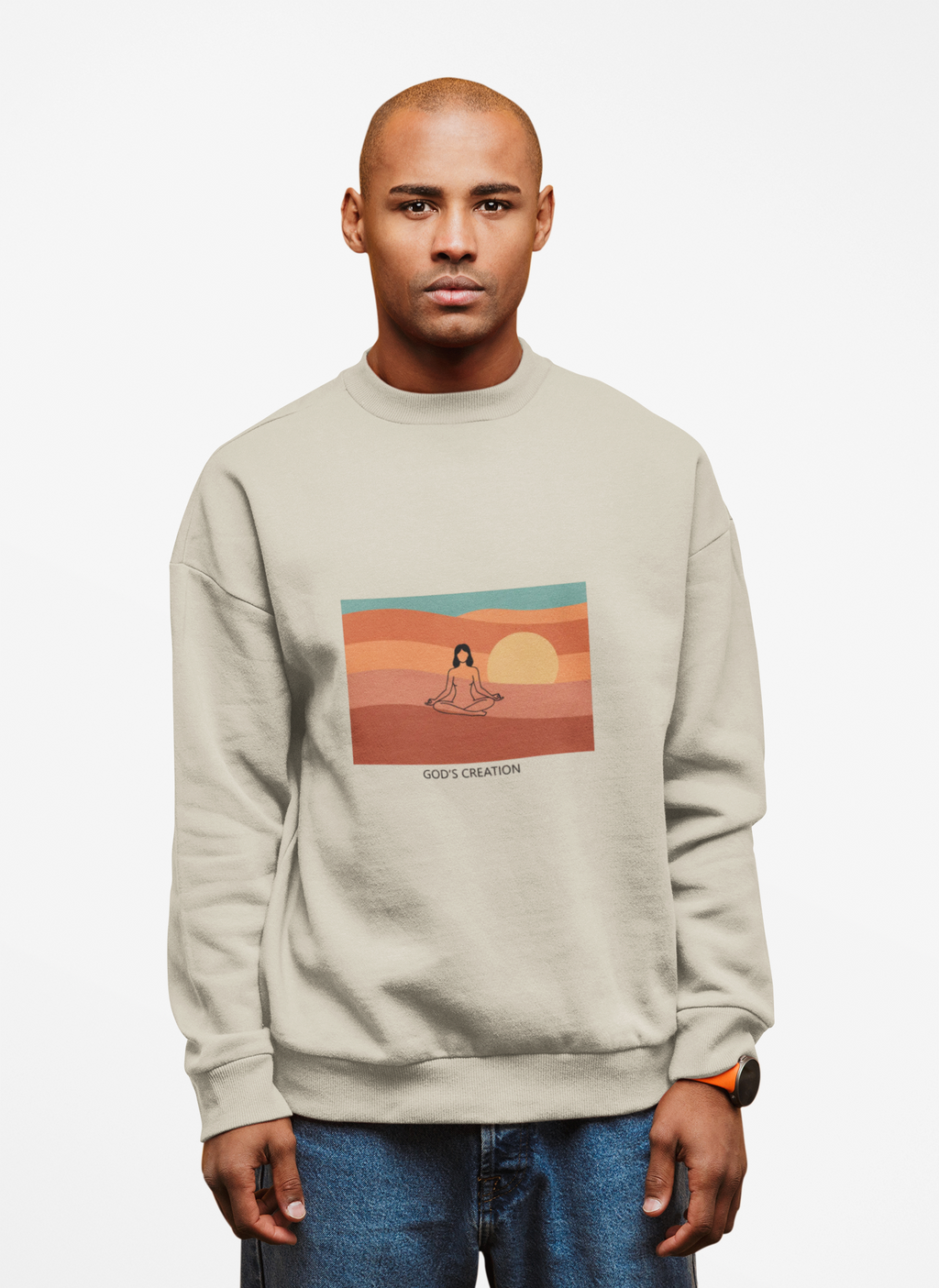 God's Creation Vintage Meditation Sweatshirt — Sunset Dessert Scene