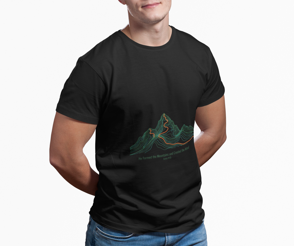 He Formed the Mountains Tee — Topographic Mountain Bible Verse T-Shirt