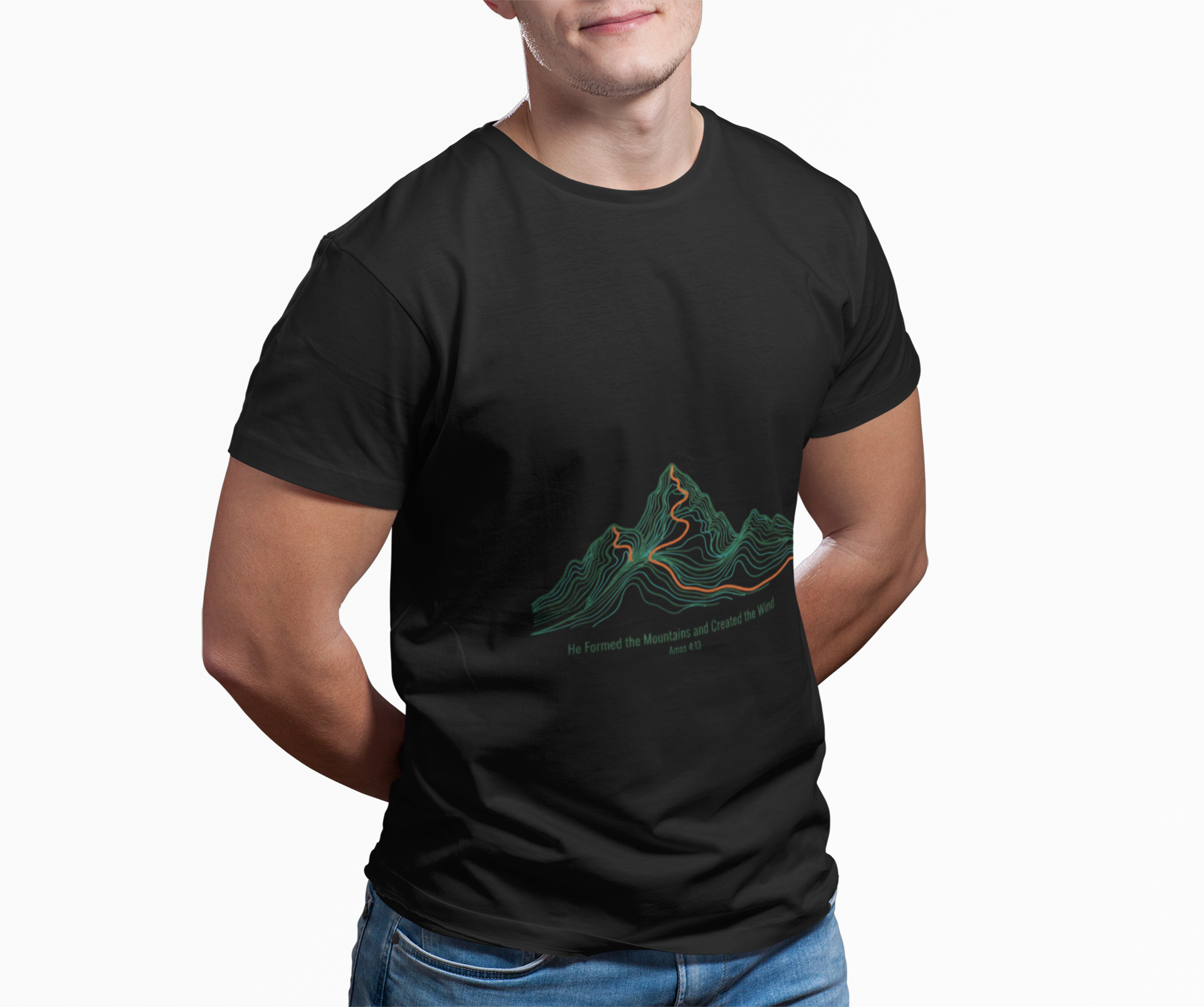 He Formed the Mountains Tee — Topographic Mountain Bible Verse T-Shirt