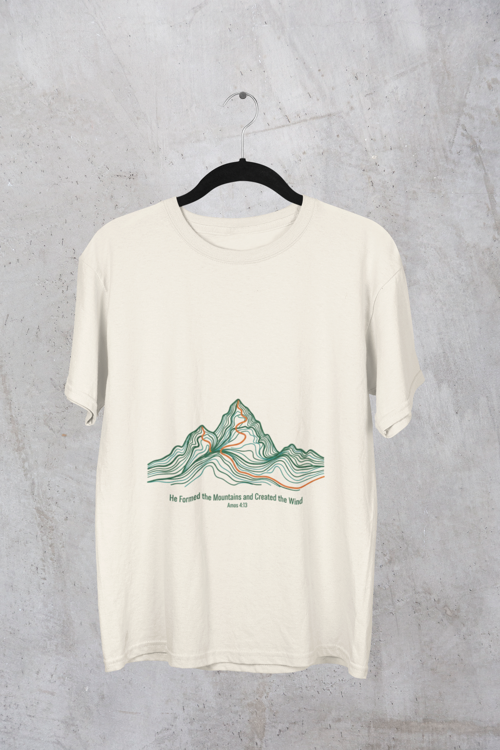 He Formed the Mountains Tee — Topographic Mountain Bible Verse T-Shirt