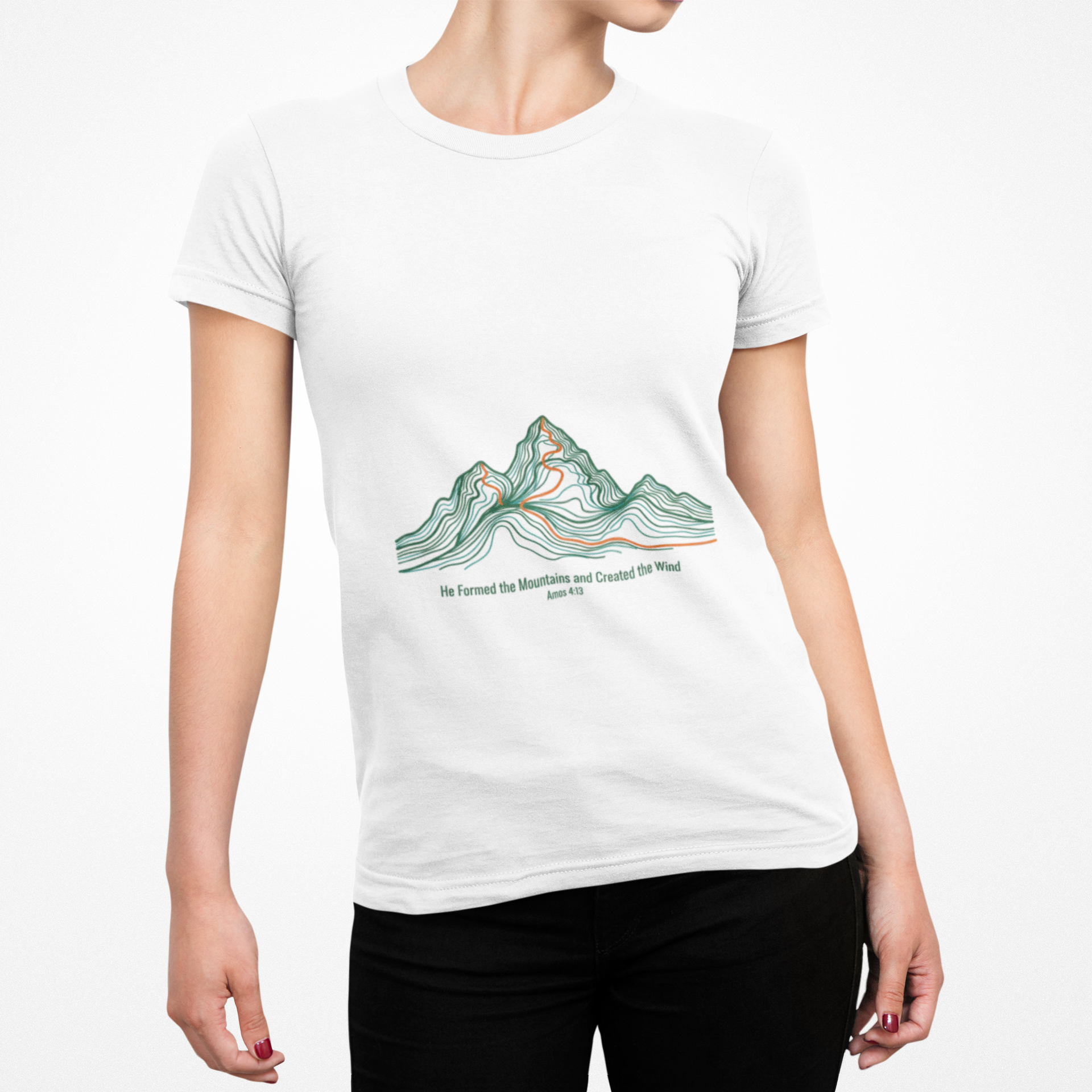 He Formed the Mountains Tee — Topographic Mountain Bible Verse T-Shirt