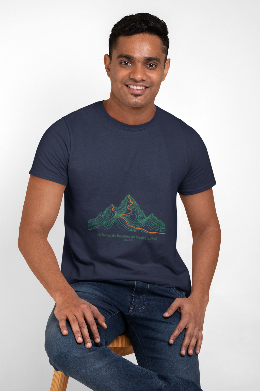 He Formed the Mountains Tee — Topographic Mountain Bible Verse T-Shirt