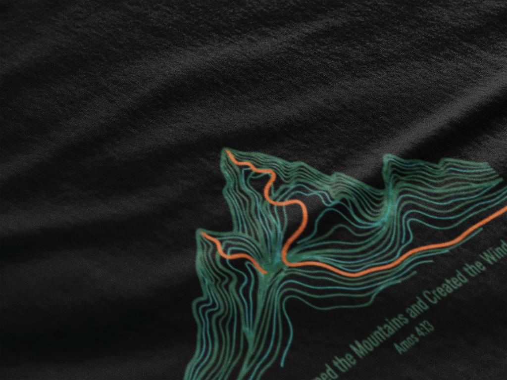 He Formed the Mountains Tee — Topographic Mountain Bible Verse T-Shirt