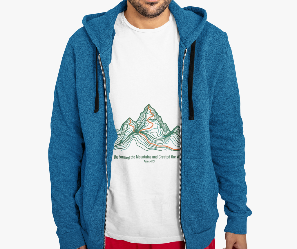 He Formed the Mountains Tee — Topographic Mountain Bible Verse T-Shirt