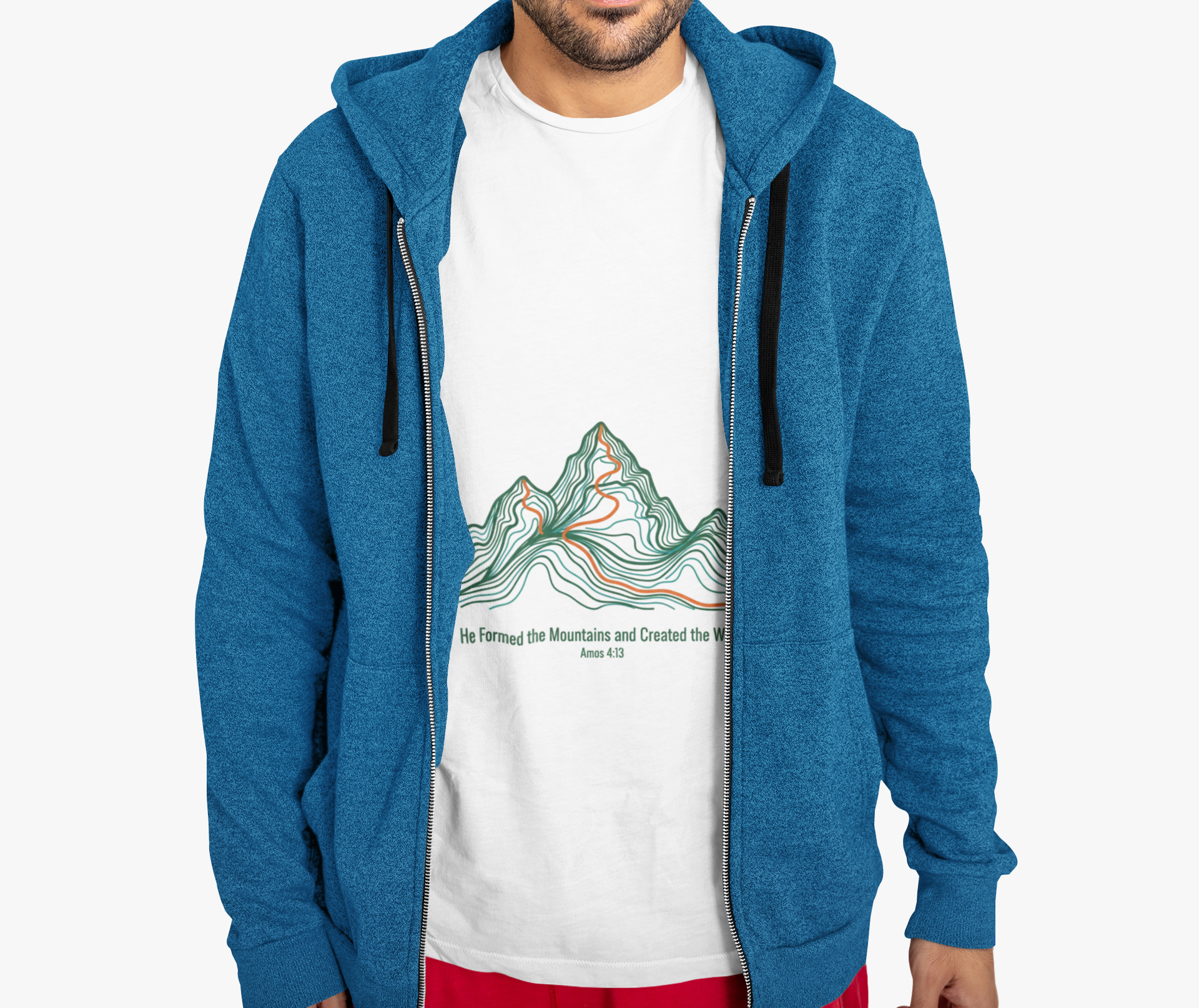 He Formed the Mountains Tee — Topographic Mountain Bible Verse T-Shirt