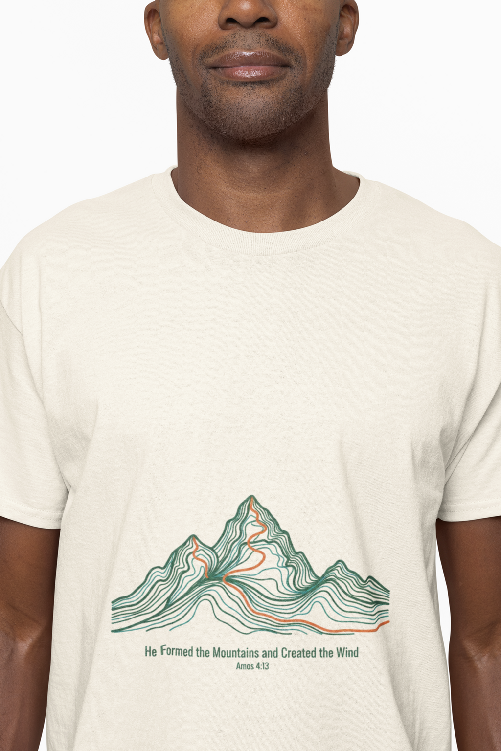 He Formed the Mountains Tee — Topographic Mountain Bible Verse T-Shirt