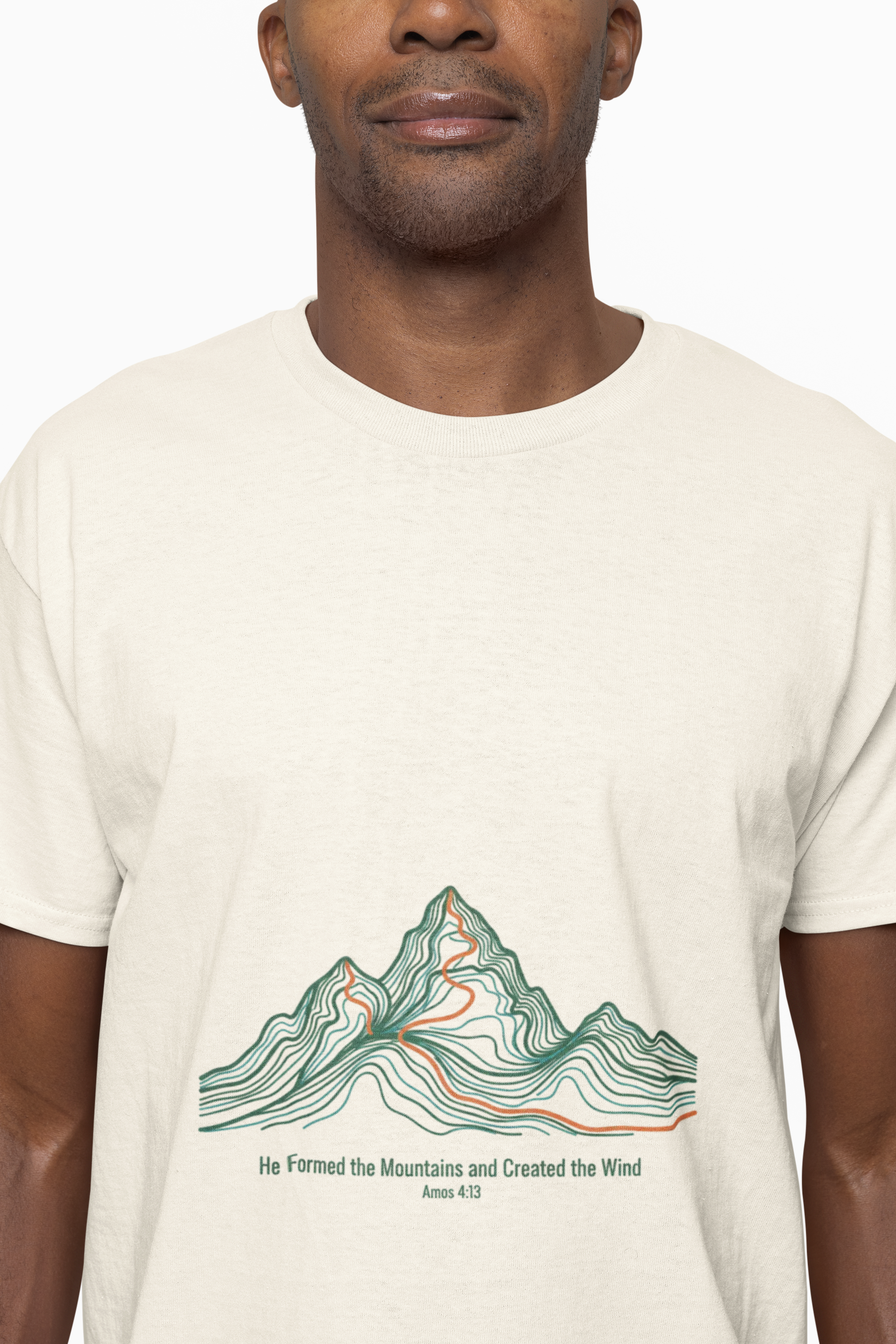 He Formed the Mountains Tee — Topographic Mountain Bible Verse T-Shirt