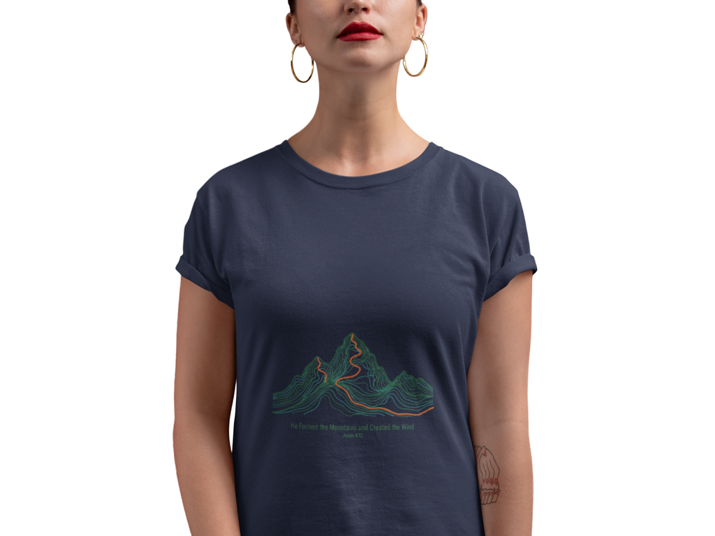 He Formed the Mountains Tee — Topographic Mountain Bible Verse T-Shirt