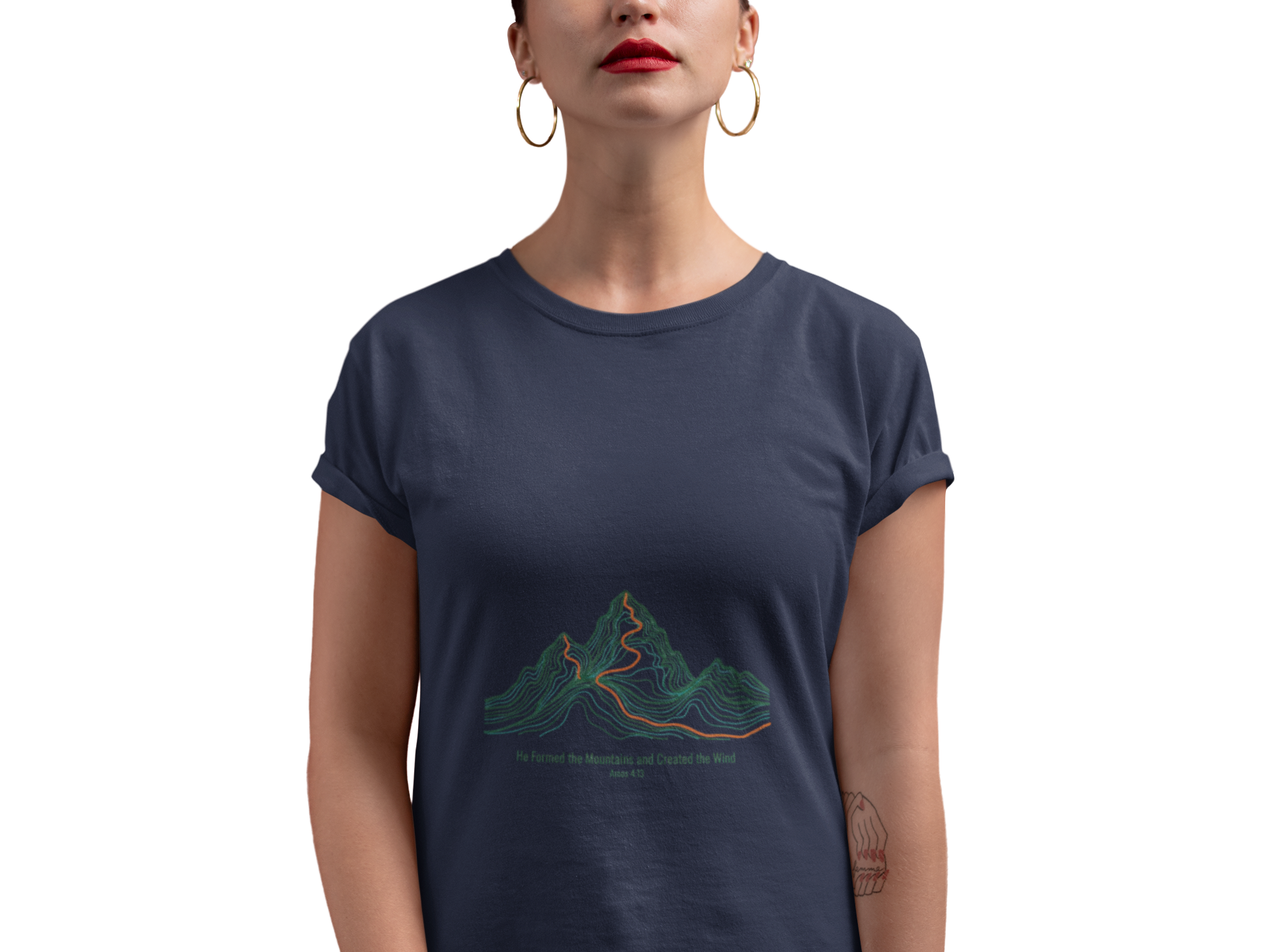 He Formed the Mountains Tee — Topographic Mountain Bible Verse T-Shirt