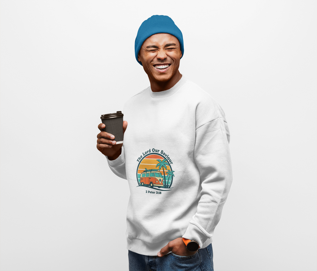 The Lord our Saviour, Retro 70s Sunset Surf Crewneck Sweatshirt | vintage palm postcard design