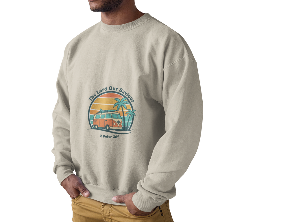 The Lord our Saviour, Retro 70s Sunset Surf Crewneck Sweatshirt | vintage palm postcard design