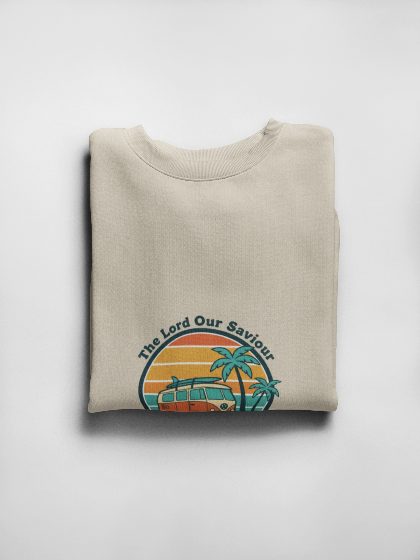 The Lord our Saviour, Retro 70s Sunset Surf Crewneck Sweatshirt | vintage palm postcard design