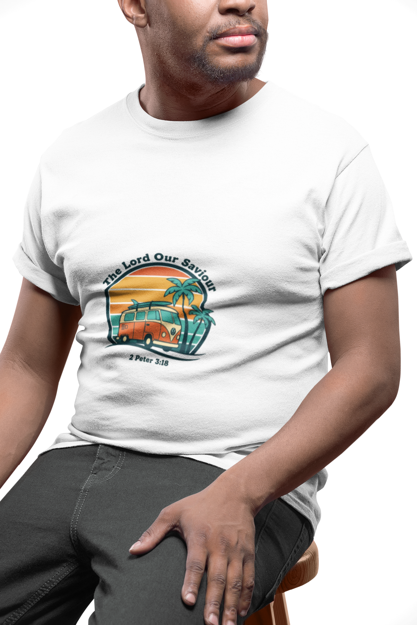 The Lord our Saviour Retro Surf Sunset T-shirt | 70s Palm Postcard, Golden Hour Vintage Graphic