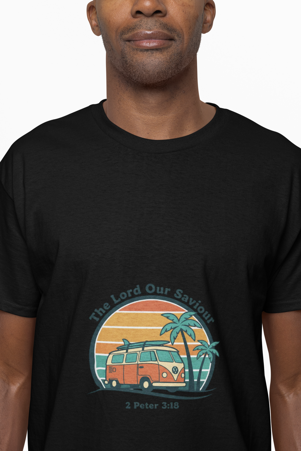 The Lord our Saviour Retro Surf Sunset T-shirt | 70s Palm Postcard, Golden Hour Vintage Graphic