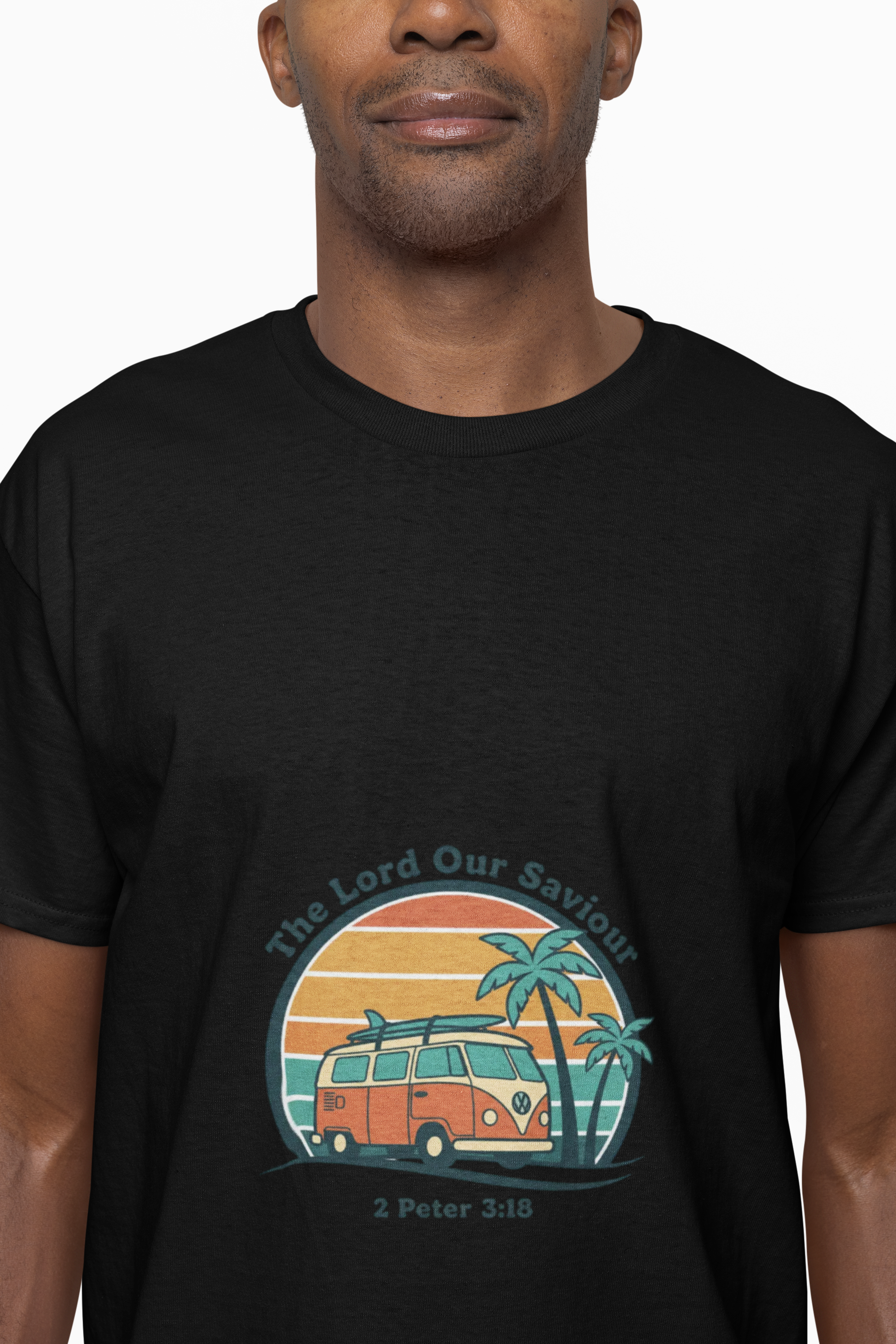 The Lord our Saviour Retro Surf Sunset T-shirt | 70s Palm Postcard, Golden Hour Vintage Graphic