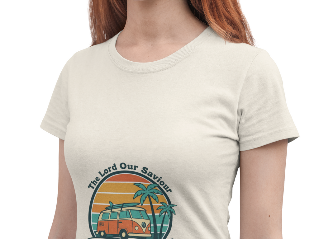The Lord our Saviour Retro Surf Sunset T-shirt | 70s Palm Postcard, Golden Hour Vintage Graphic