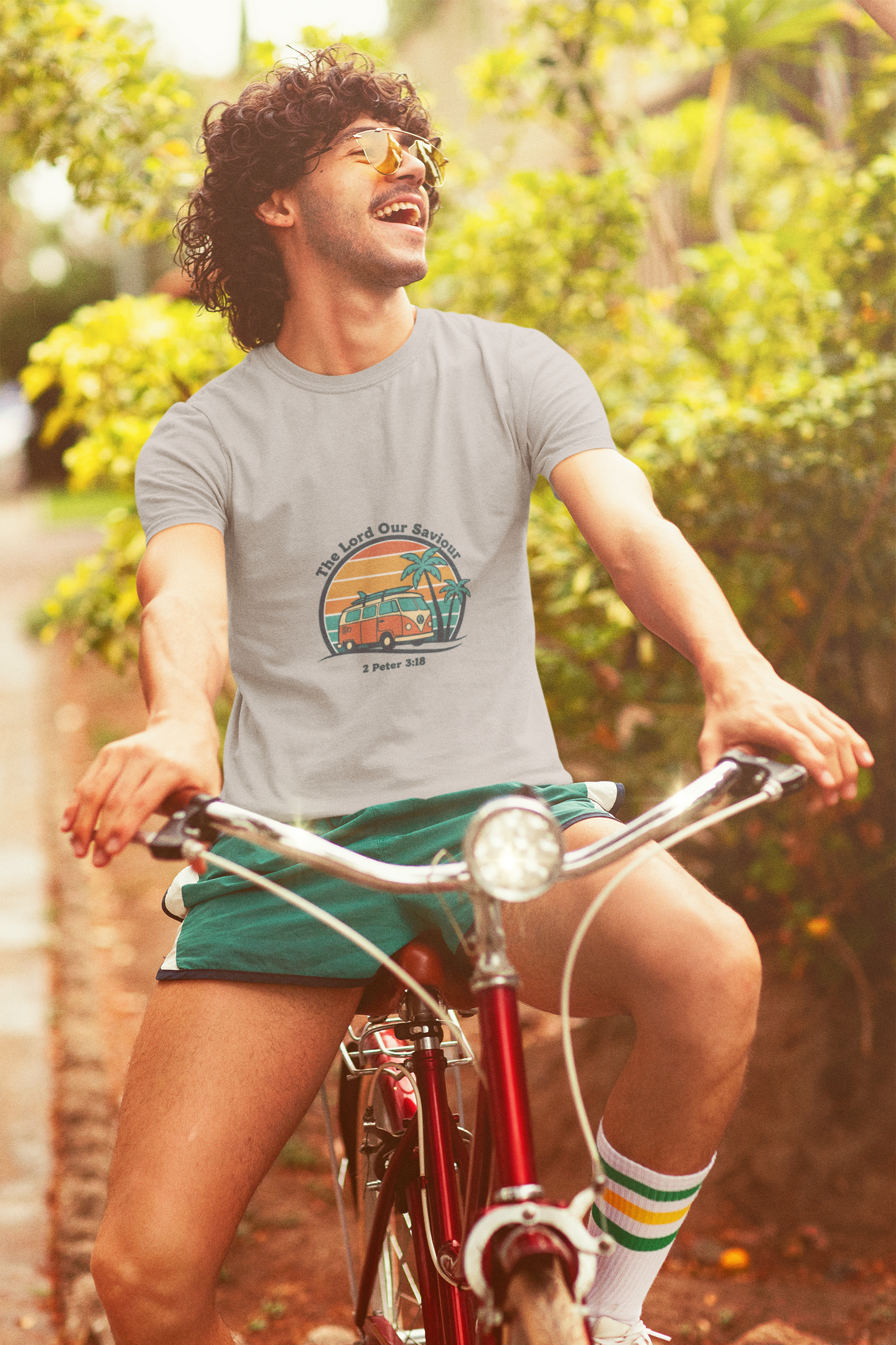 The Lord our Saviour Retro Surf Sunset T-shirt | 70s Palm Postcard, Golden Hour Vintage Graphic