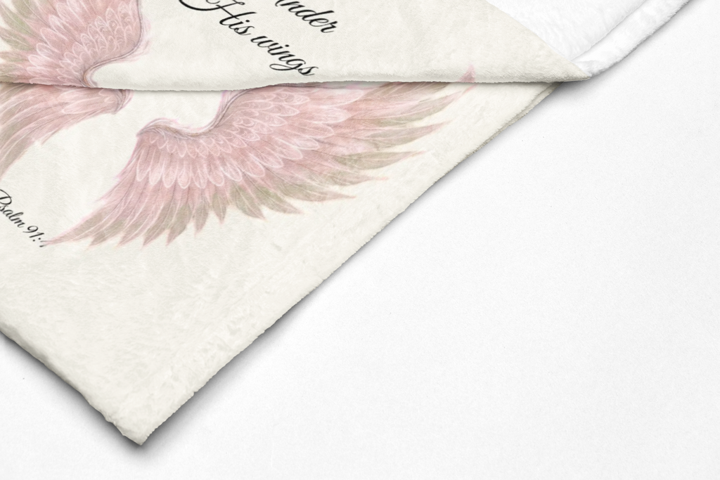 Plush Blanket, Pink Wings - "Under His Wings" Psalm 91:4 Christian Throw
